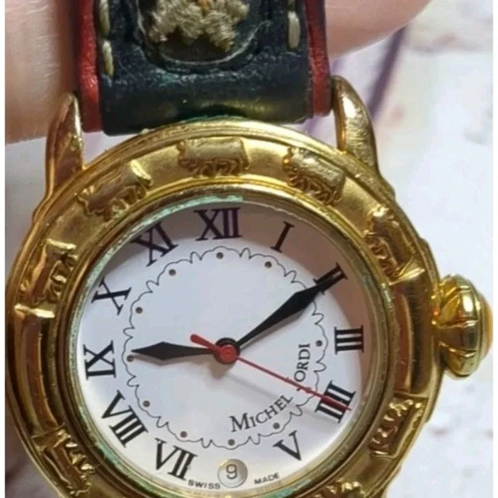 Michel‎ Jordi Vintage 1991 Swiss Made Gold Plated Wrist Watch Genuine Leather